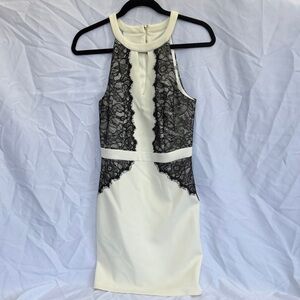 GUESS White Halter Sheath Dress with Black Lace Trim